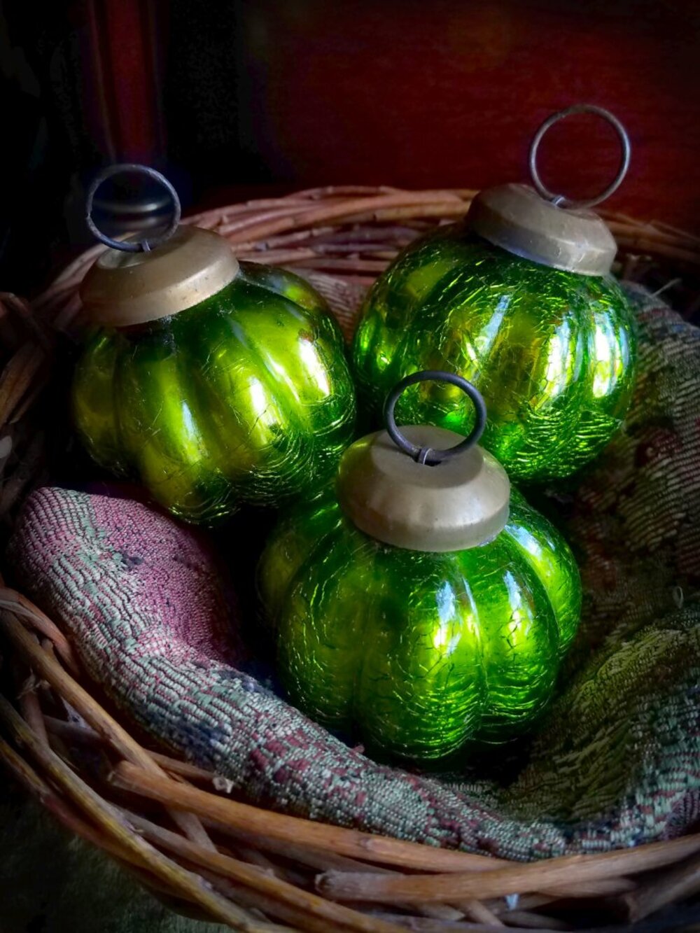 Midwest Kugel Olive Crackle Mercury Ribbed Melon Glass Ornaments Set of 3